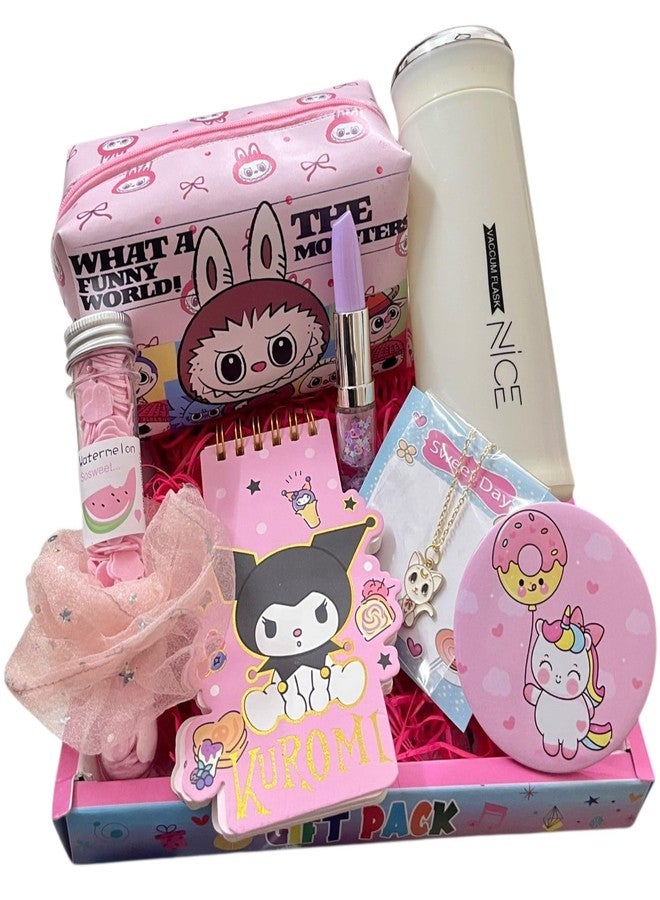 Le Delite Birthday Gift for Sister I Combo Gift Hamper | Stylish Makeup Pouch, Glass Water Bottle, Pendant Necklace, Scrunchie, Soap Tube, memopad Spiral Diary & Lipstick Pen (rainbow combo) 100 Pages - Image 1